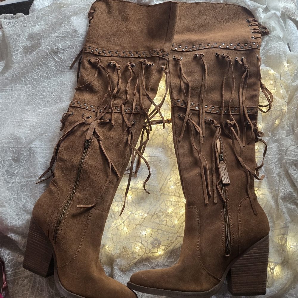 Dingo Thigh High Over The Knee Suede Fringe Boots Boho Western Hippie Chic - Picture 4 of 12